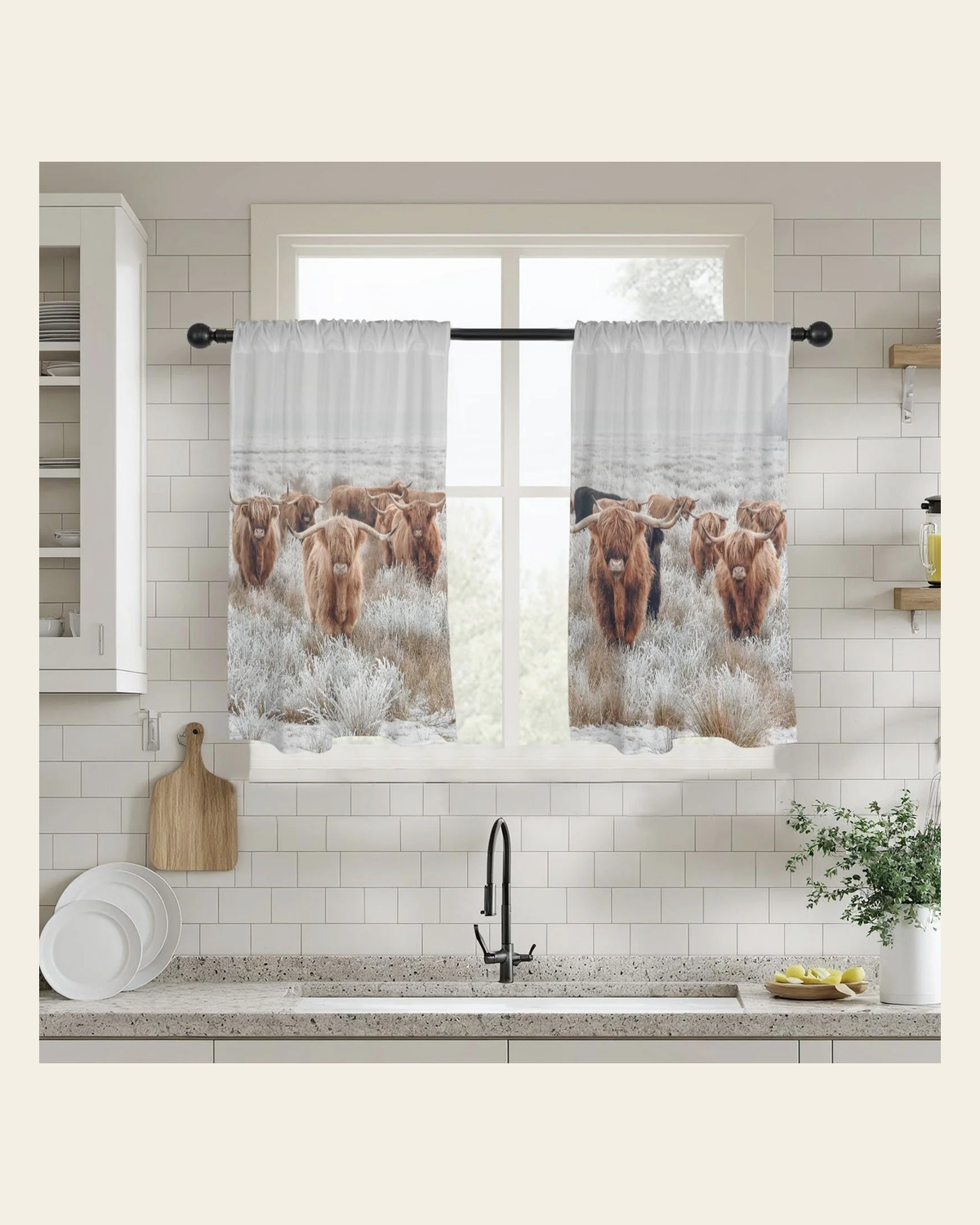 Baha Ranch Highland Cow Curtains Window Curtain 28"x40" (2-Piece) Made in America on a warm cream background