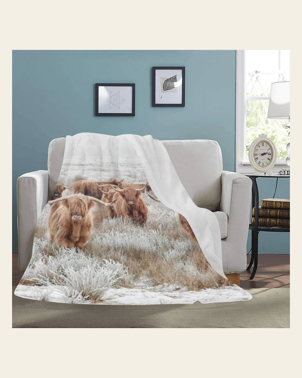 Baha Ranch Highland Cow Throw Blanket Ultra-Soft Micro Fleece Blanket 60" x 80" Made in America on a warm cream background