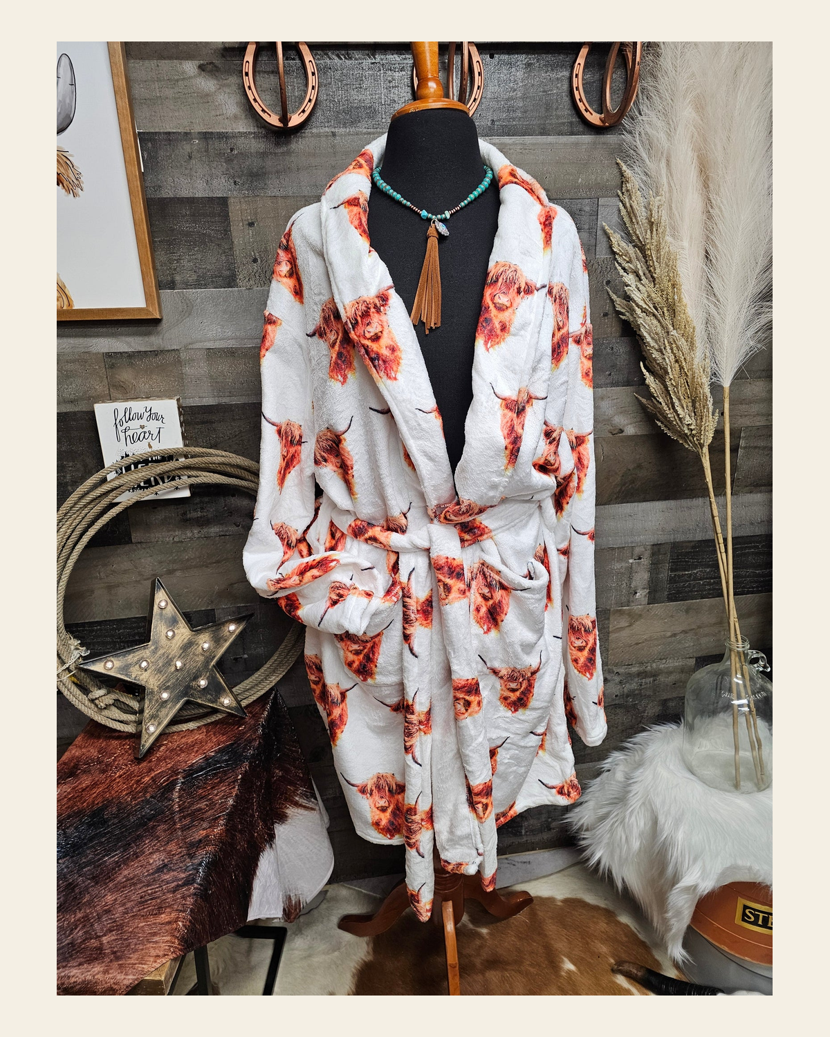 Baha Ranch Highland Cow Women's Western Bath Robe on a warm cream background