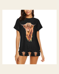 Baha Ranch Highland Cow Women's Western Top and Short Pajama Set on a warm cream background