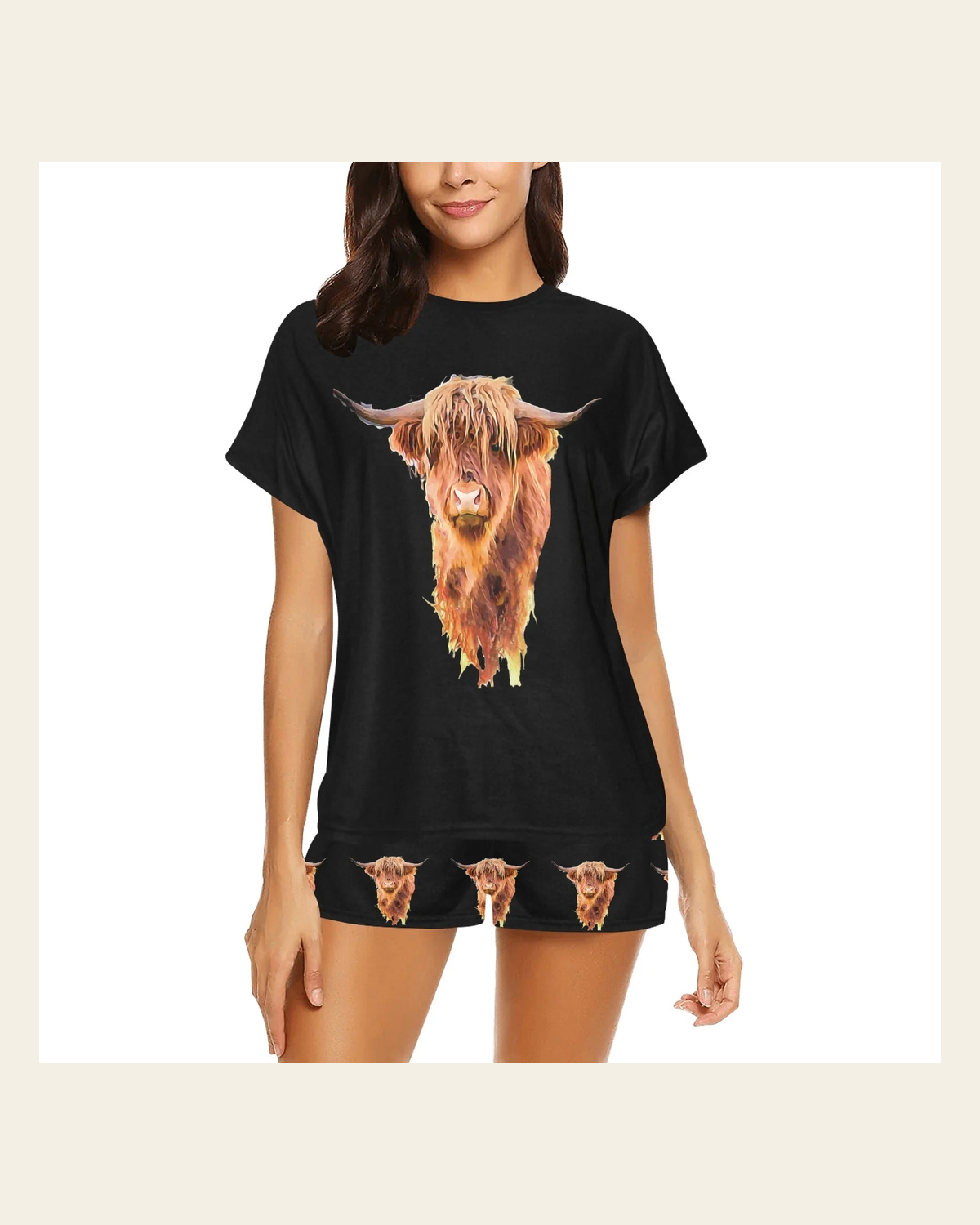 Baha Ranch Highland Cow Women's Western Top and Short Pajama Set on a warm cream background