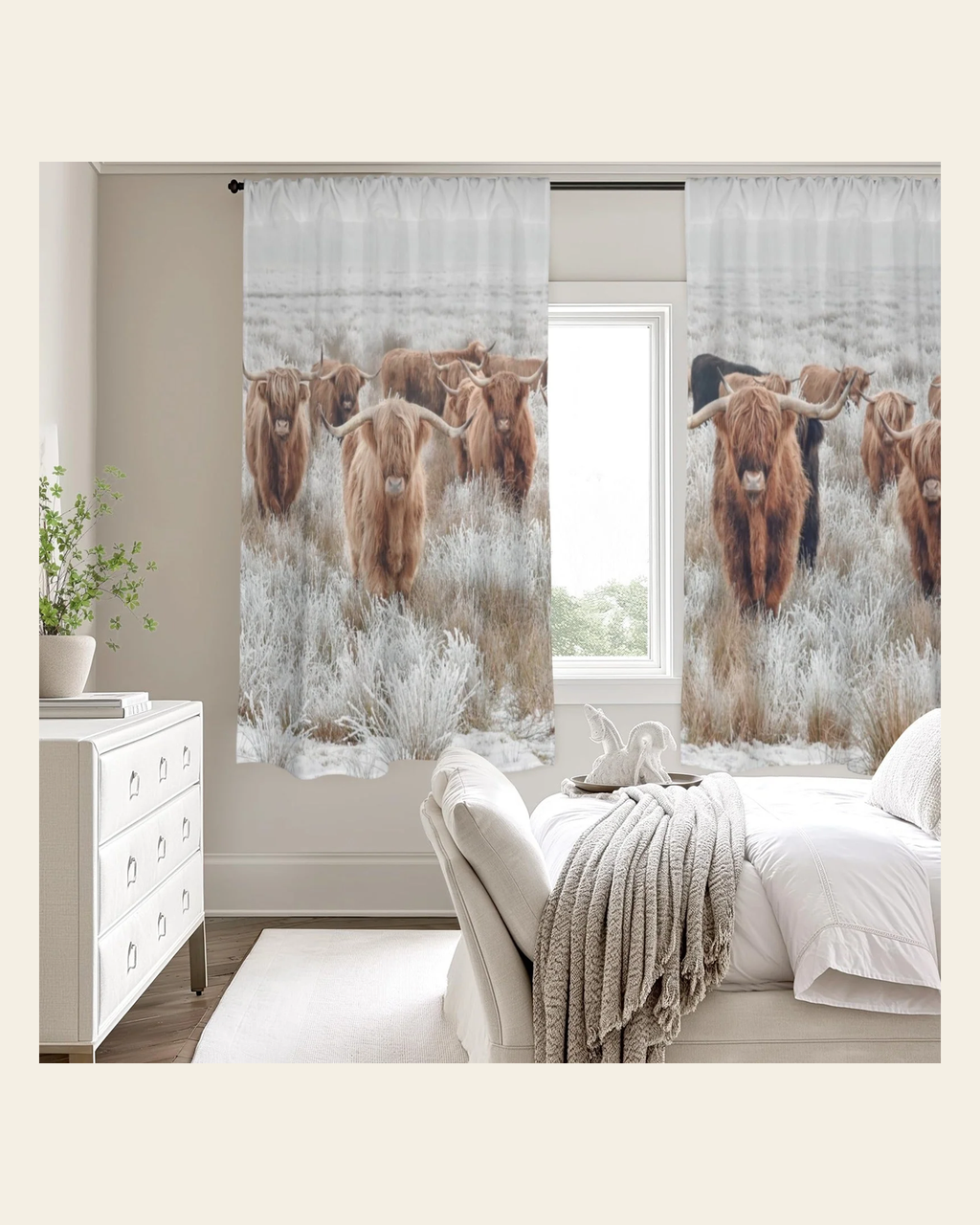 Baha Ranch Highland Cows Window Curtain 52"x63" (2-Piece) Made in America on a warm cream background