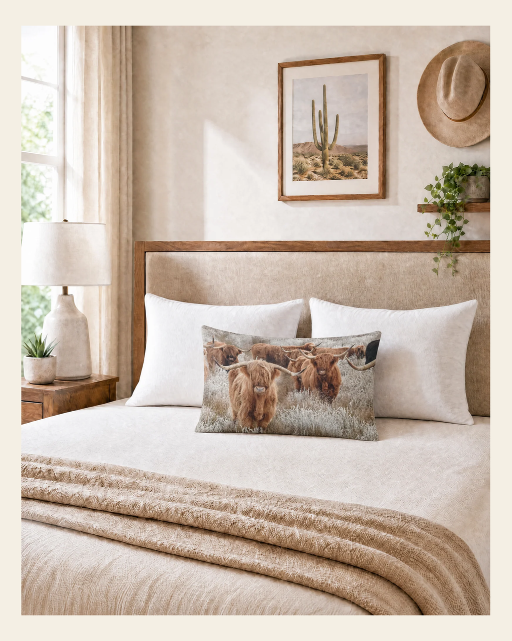 Baha Ranch Highland Herd Pillowcase Made in America on a warm cream background