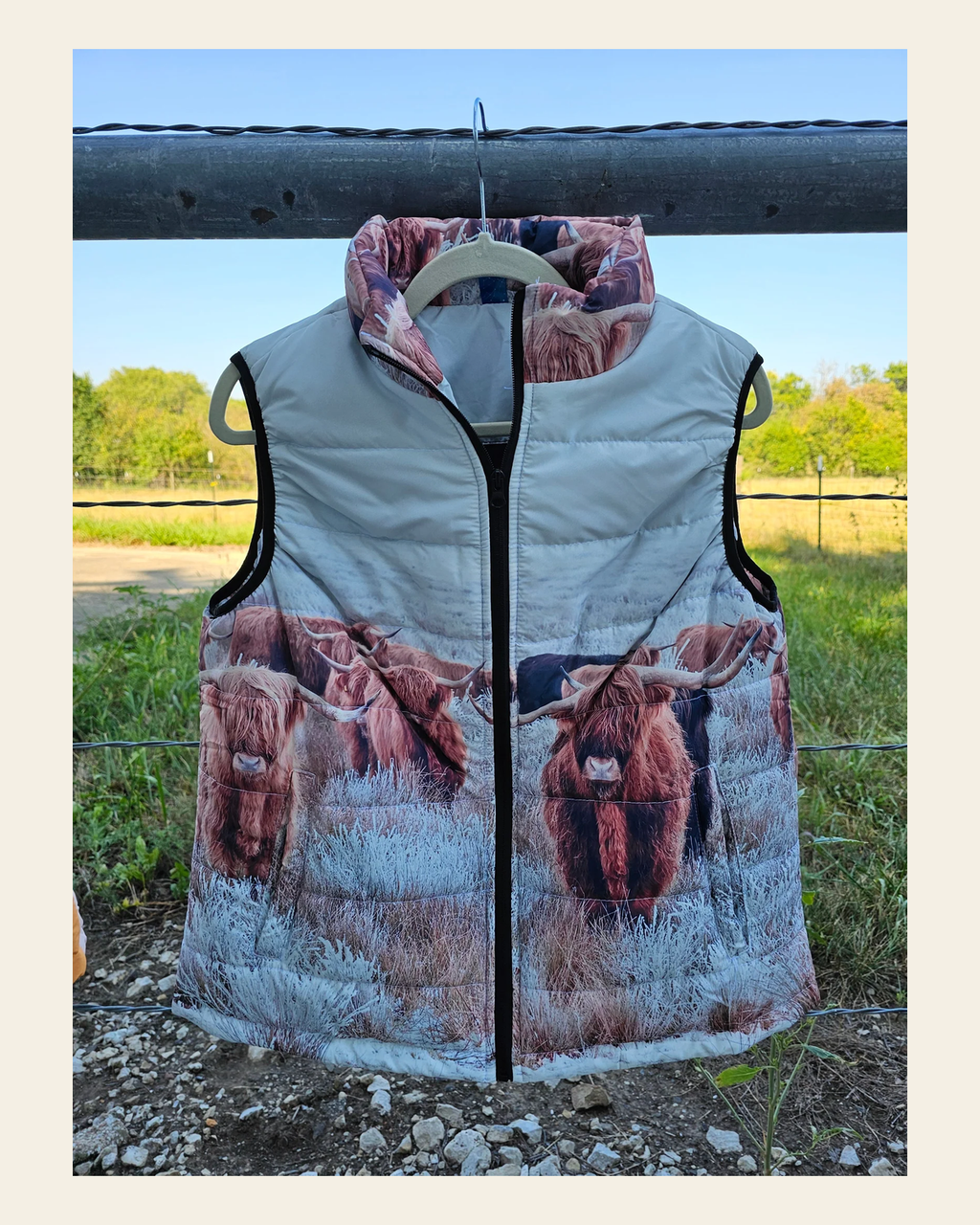 Baha Ranch Highland Herd Women's Puffy Vest on a warm cream background