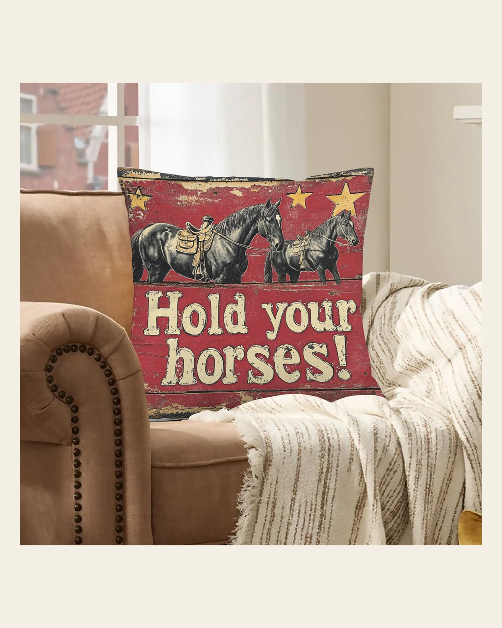Baha Ranch Hold Your Horses Velvety Soft Pillow Case Made in America on a warm cream background