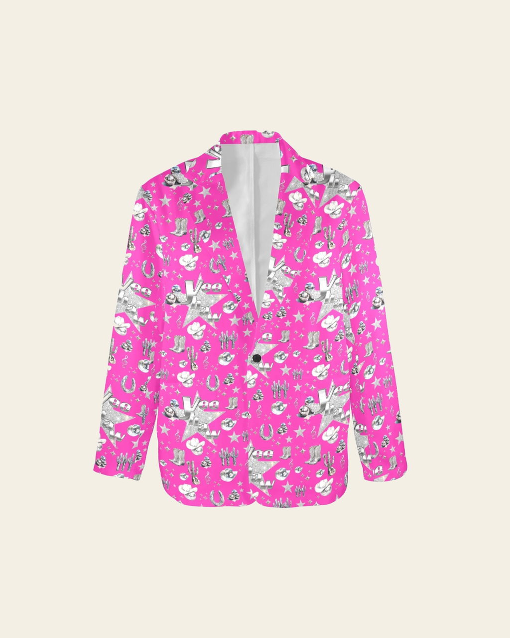 Baha Ranch Hot Pink YEEHAW Rhinestone Cowgirl Blazer on a warm cream background