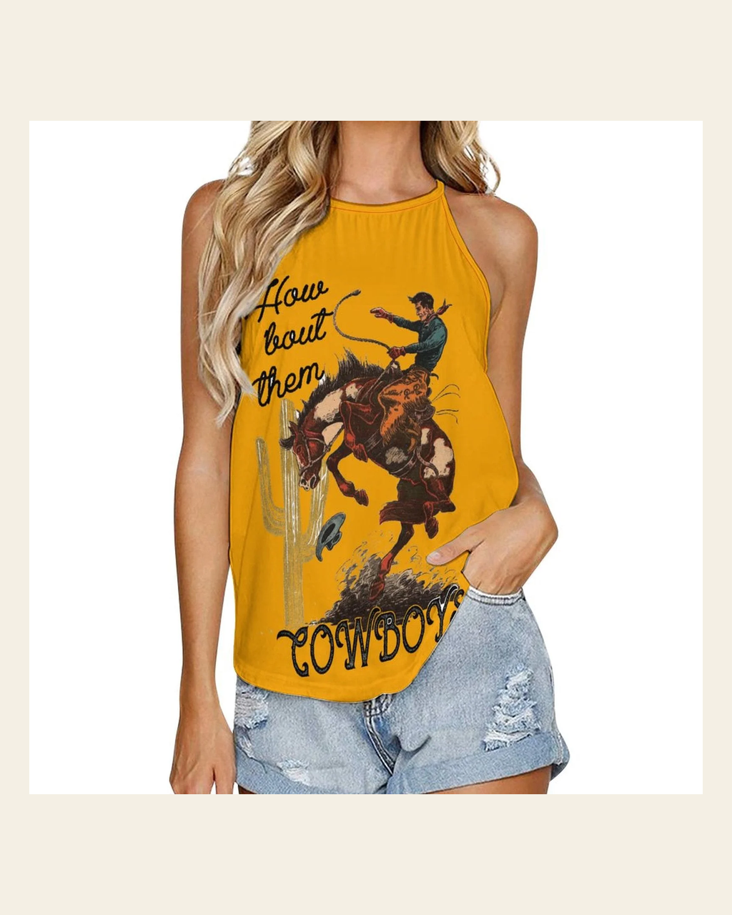 Baha Ranch How Bout Them Cowboys Vintage Western Tank Top on a warm cream background