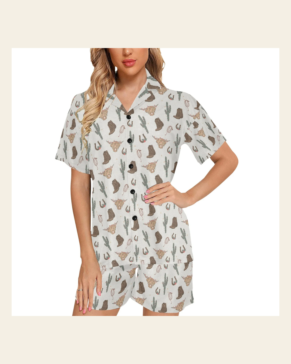 Baha Ranch Howdy Highland Cow Women's Western Pajama Set on a warm cream background