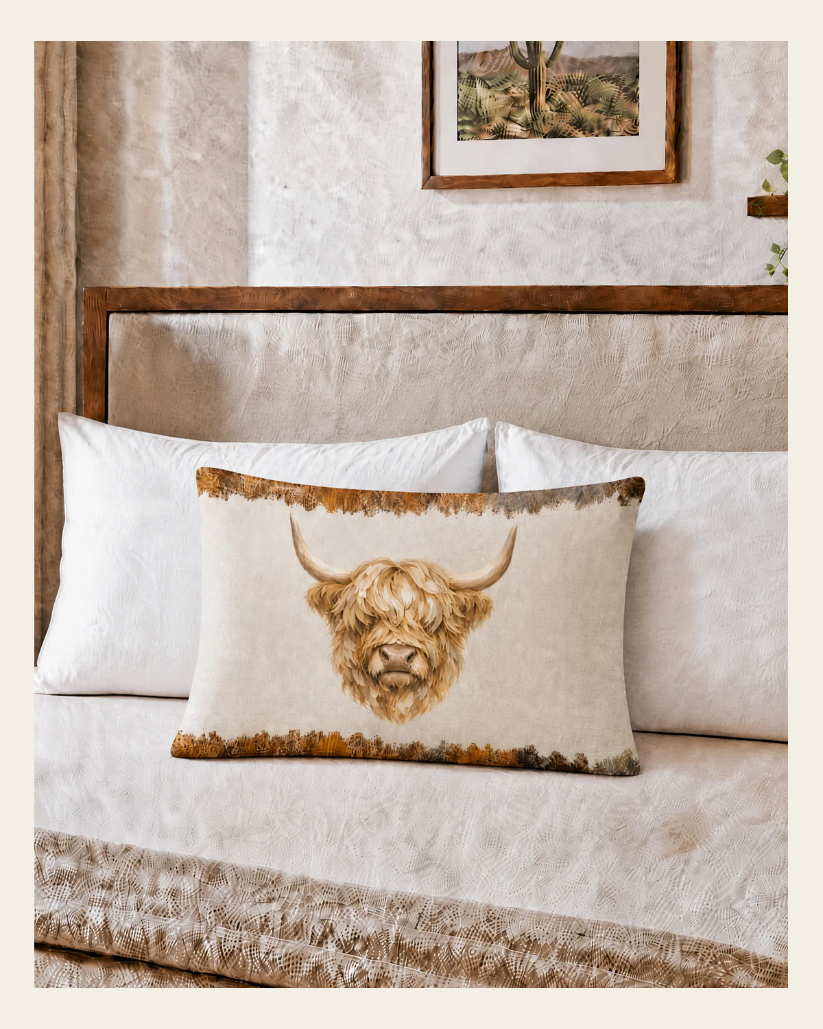 Baha Ranch Howdy Highland Pillowcase Made in America on a warm cream background