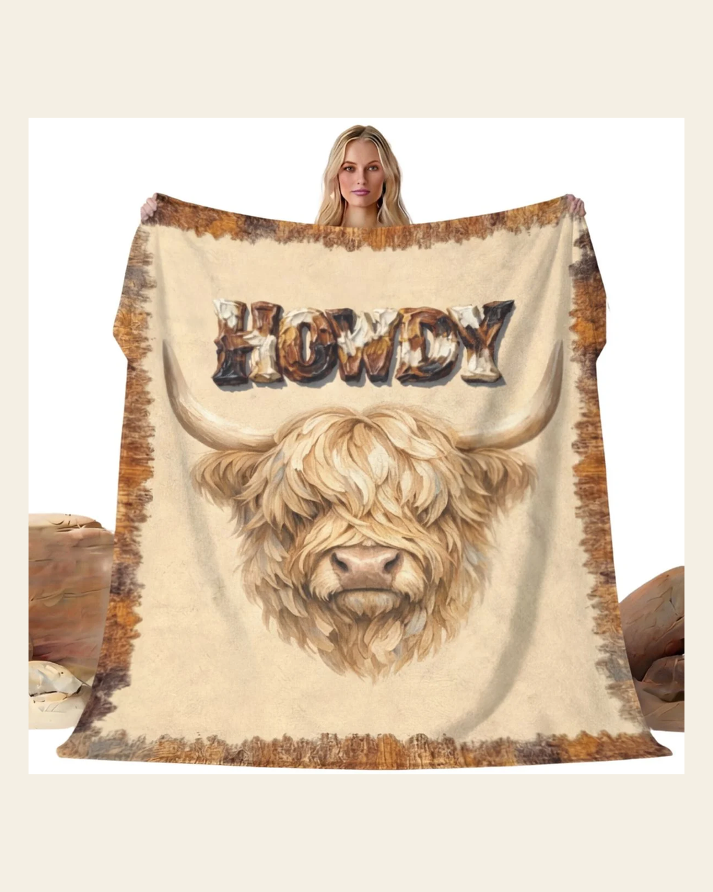 Baha Ranch Howdy Highland Throw Blanket 60" x 80" Made in America on a warm cream background