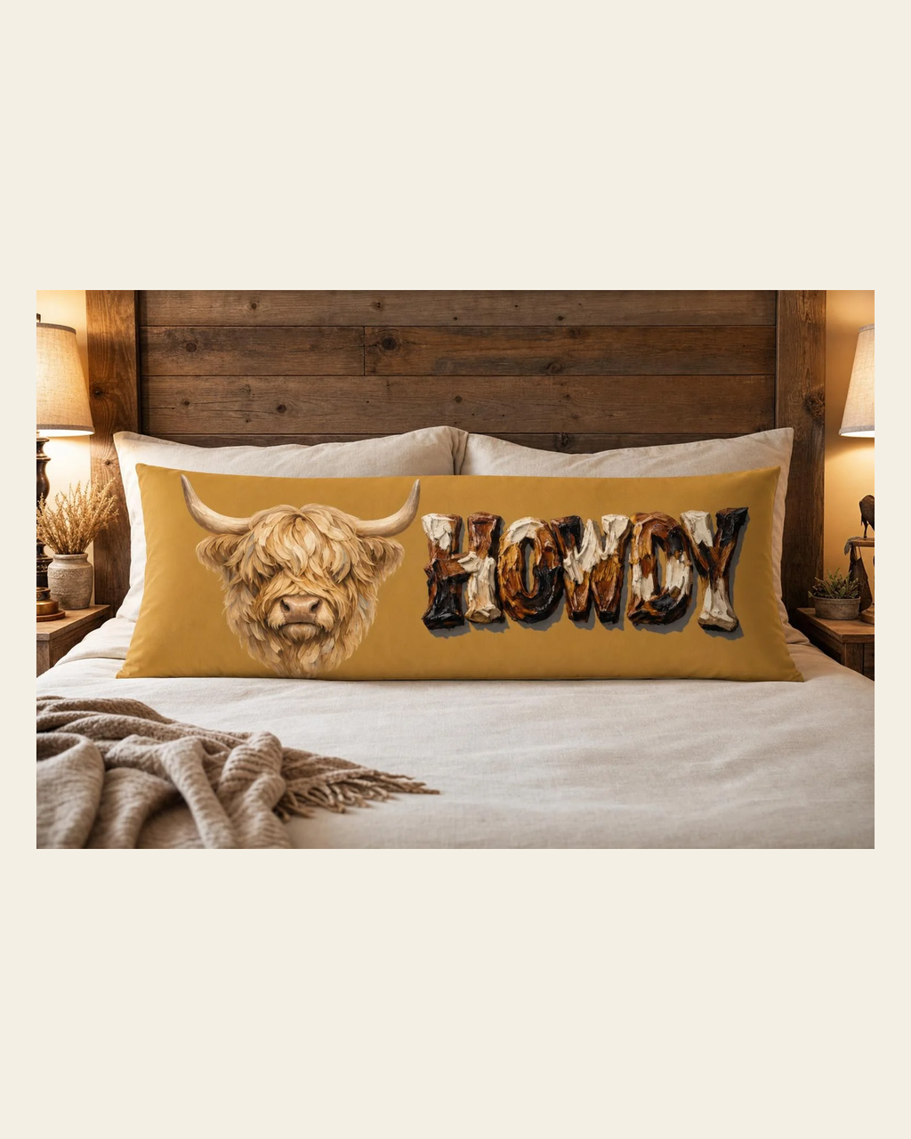 Baha Ranch Howdy Highland Western Body Pillow Made in America on a warm cream background