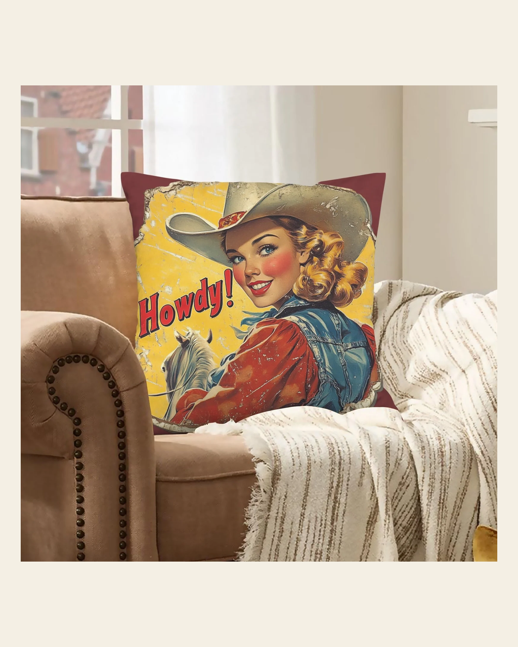 Baha Ranch Howdy Velvety Soft Pillow Case Made in America on a warm cream background