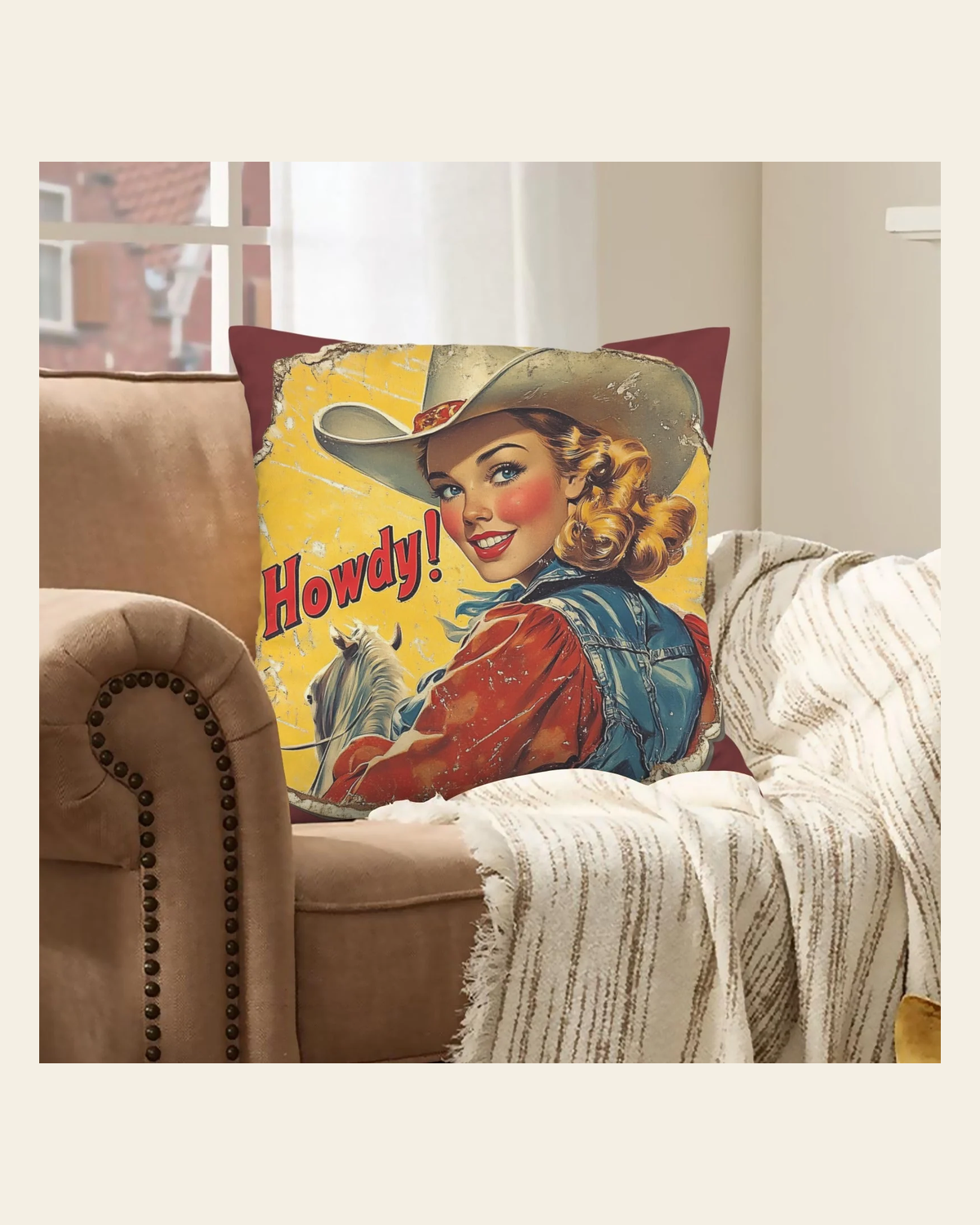 Baha Ranch Howdy Velvety Soft Pillow Case Made in America on a warm cream background