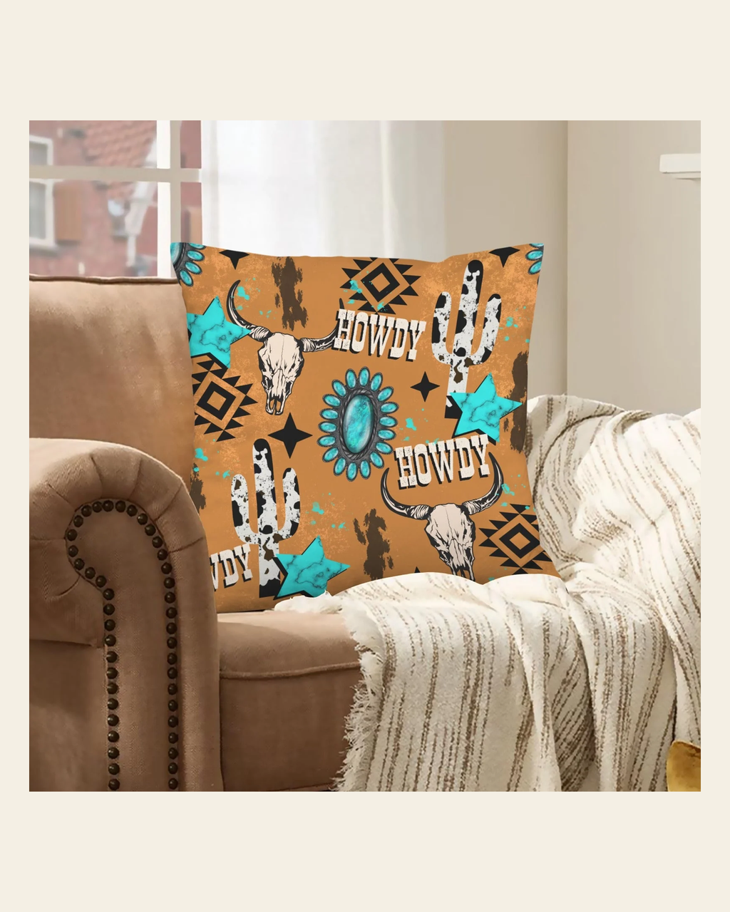 Baha Ranch Howdy Velvety Soft Throw Pillow Case Made in America on a warm cream background