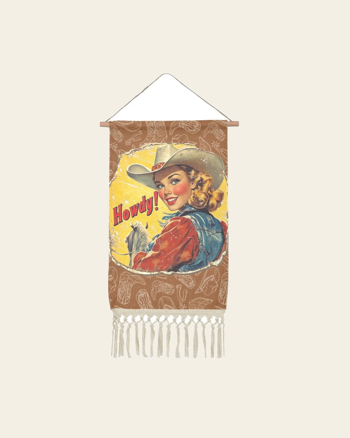 Baha Ranch Howdy Vintage Cowgirl Western Wall Decor Linen Hanging Poster with Fringe Made in America on a warm cream background