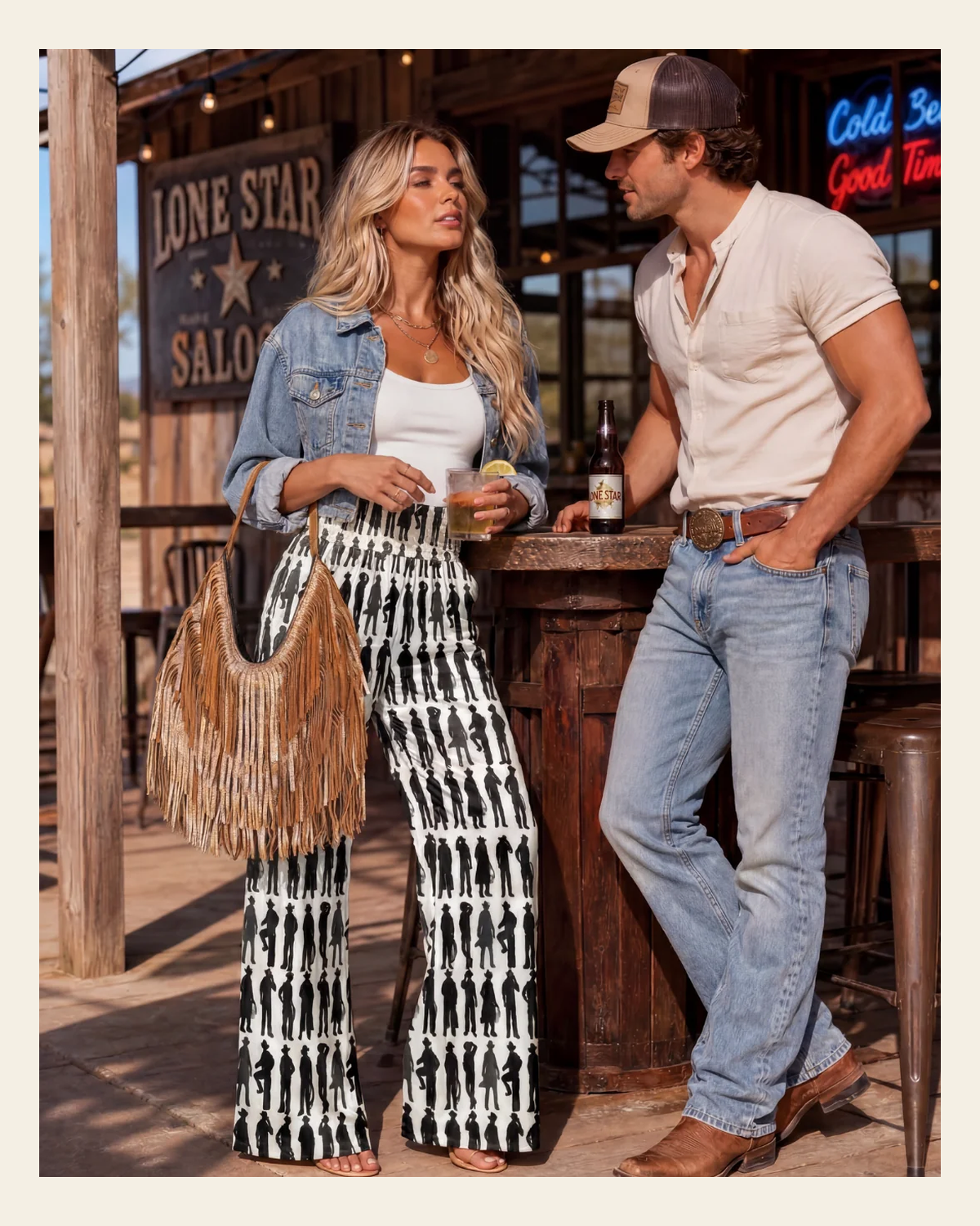 Baha Ranch I'm Your Huckleberry High Waisted Wide Leg Pants on a warm cream background