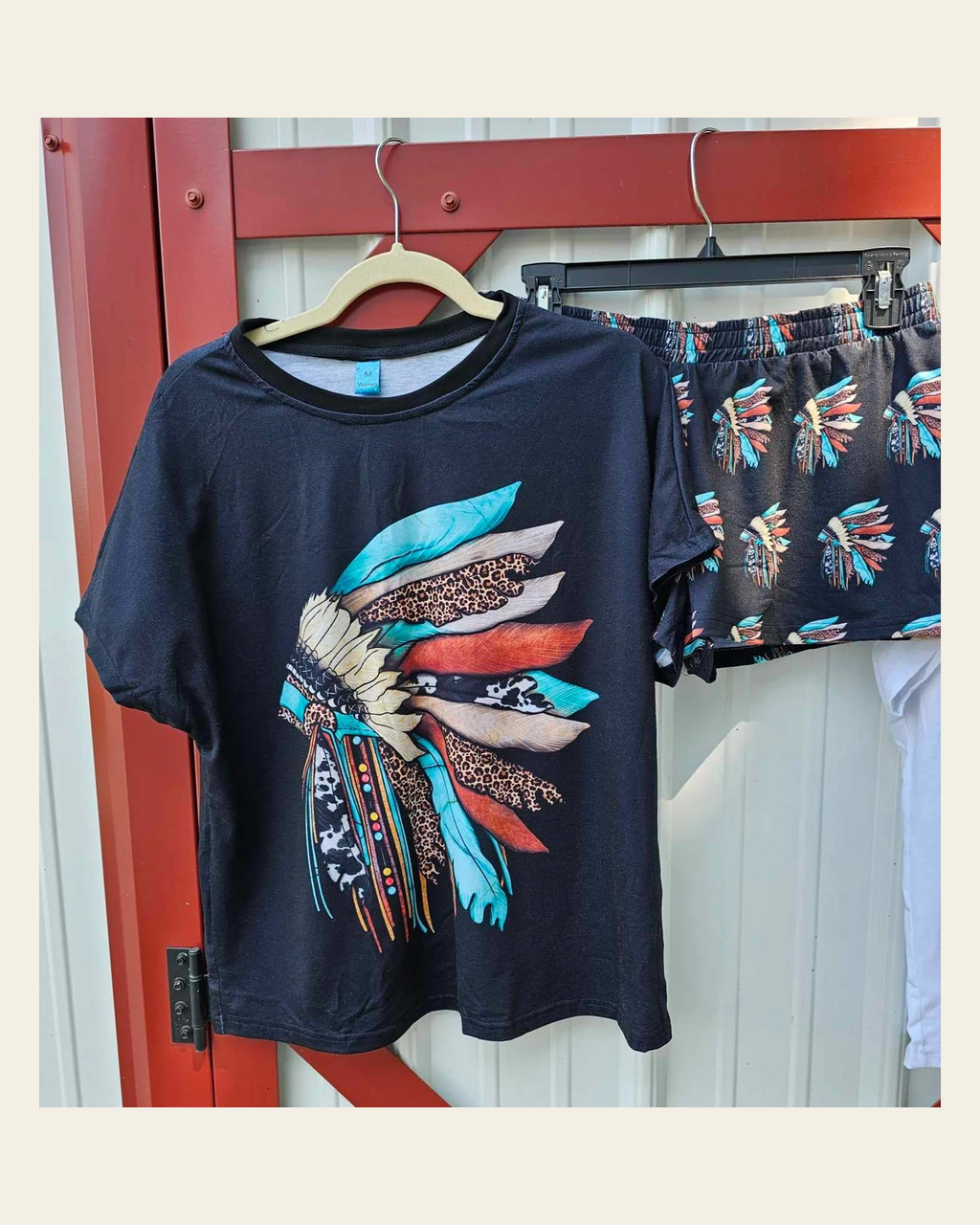 Baha Ranch Indian Headdress Women's Western Short and Top Pajama Set on a warm cream background