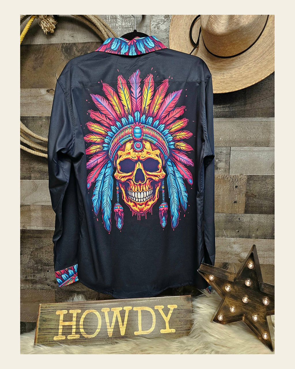 Baha Ranch Indian Skull Unisex Western Button Up Shirt on a warm cream background
