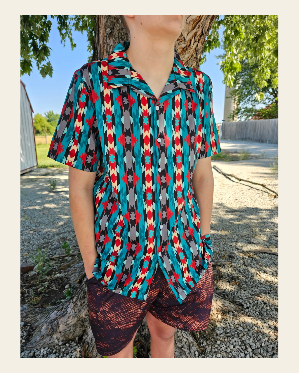 Baha Ranch Jade Aztec Men's Western Camp Shirt on a warm cream background