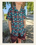 Baha Ranch Jade Aztec Men's Western Camp Shirt on a warm cream background