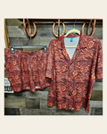 Baha Ranch Leather Floral Print Women's Pajama Set on a warm cream background
