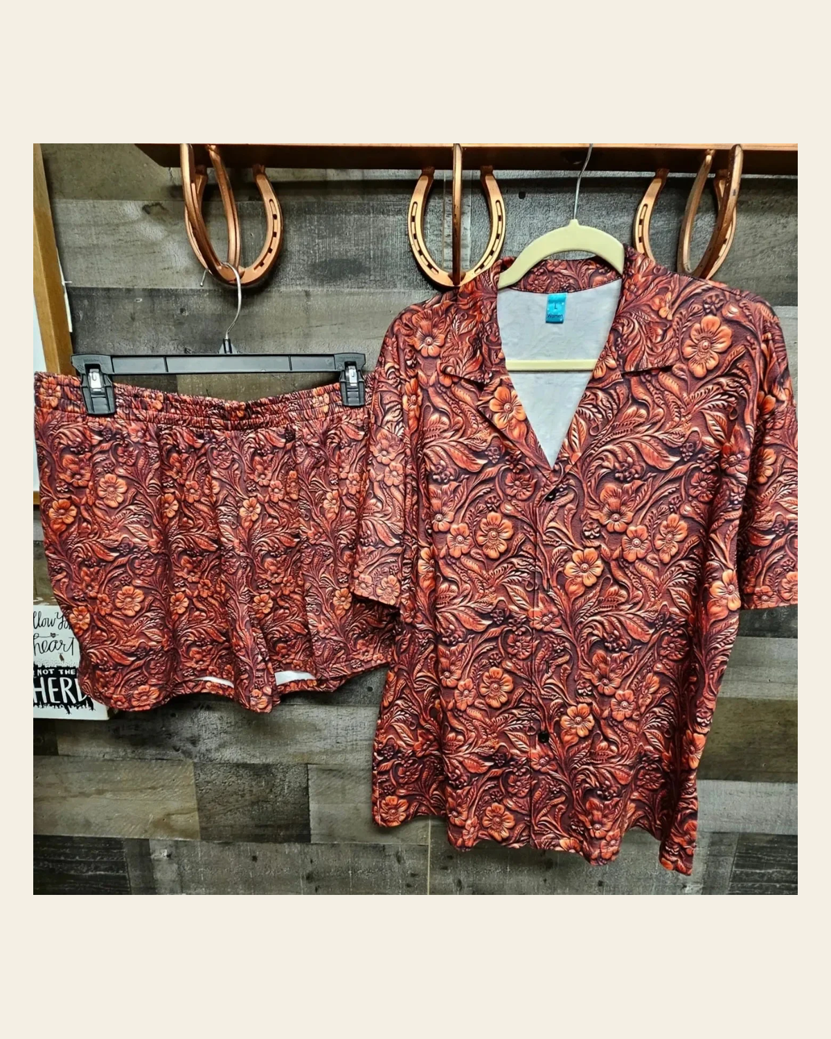 Baha Ranch Leather Floral Print Women's Pajama Set on a warm cream background
