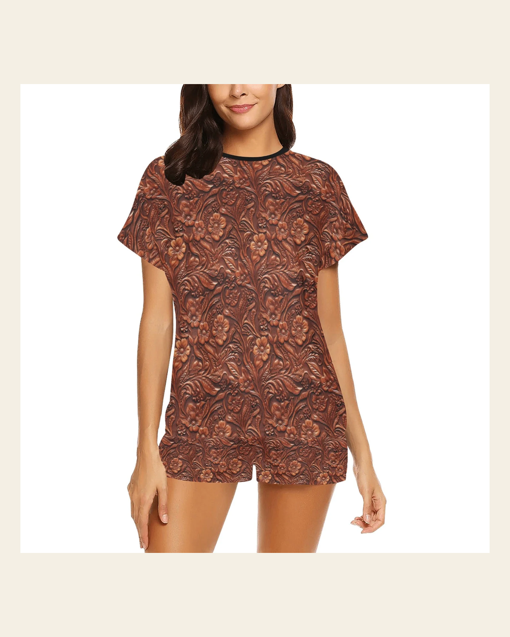 Baha Ranch Leather Floral Print Women's Western Top and Shorts Pajama Set on a warm cream background