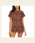 Baha Ranch Leather Floral Print Women's Western Top and Shorts Pajama Set on a warm cream background