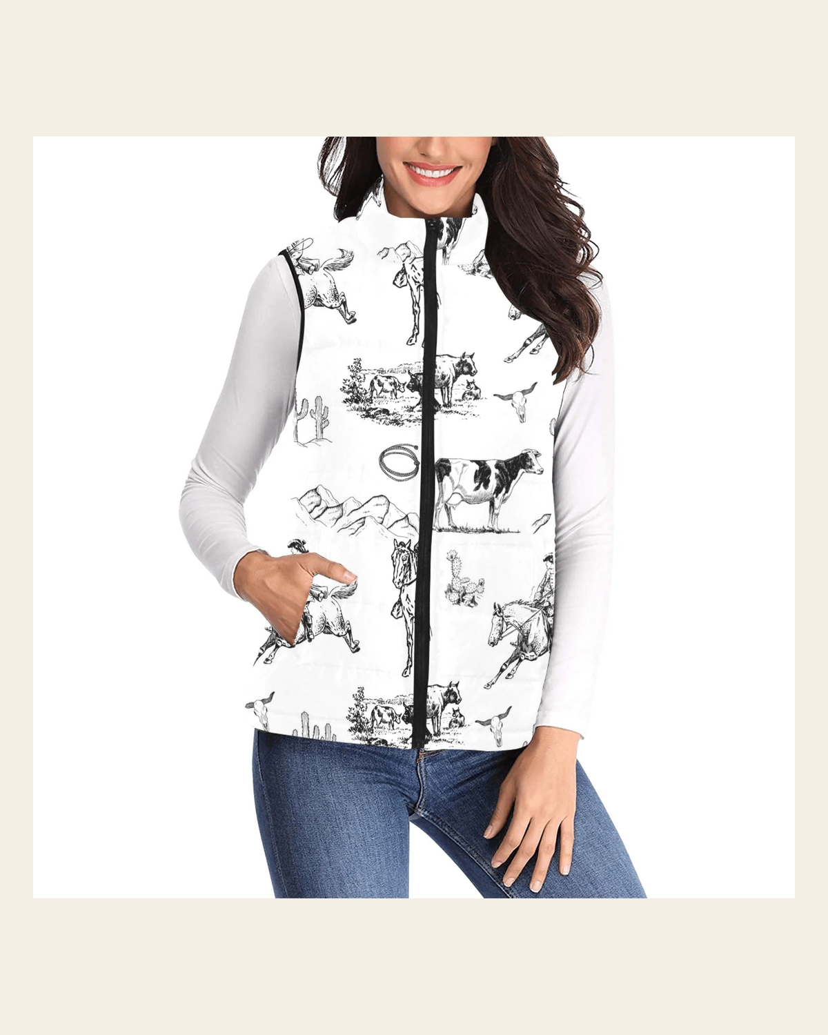 Baha Ranch Life puffy vest Women's Padded Vest on a warm cream background