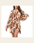Baha Ranch Light Brown Cow Print Women's Long Sleeve Belted Satin Feel Dressing Lounge Robe on a warm cream background