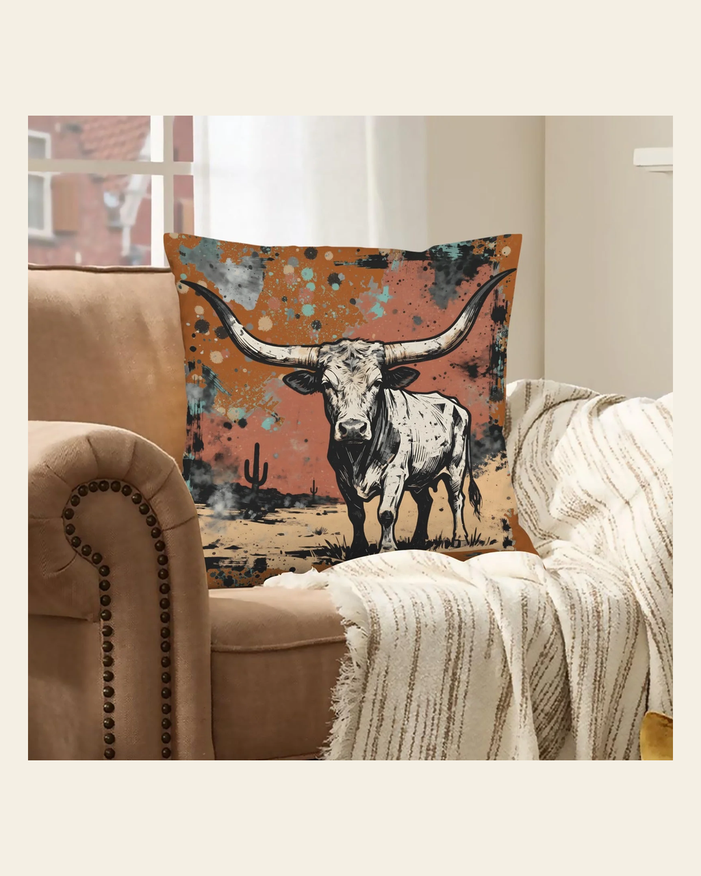 Baha Ranch Lonesome Longhorn Velvety Soft Pillow Case Made in America on a warm cream background