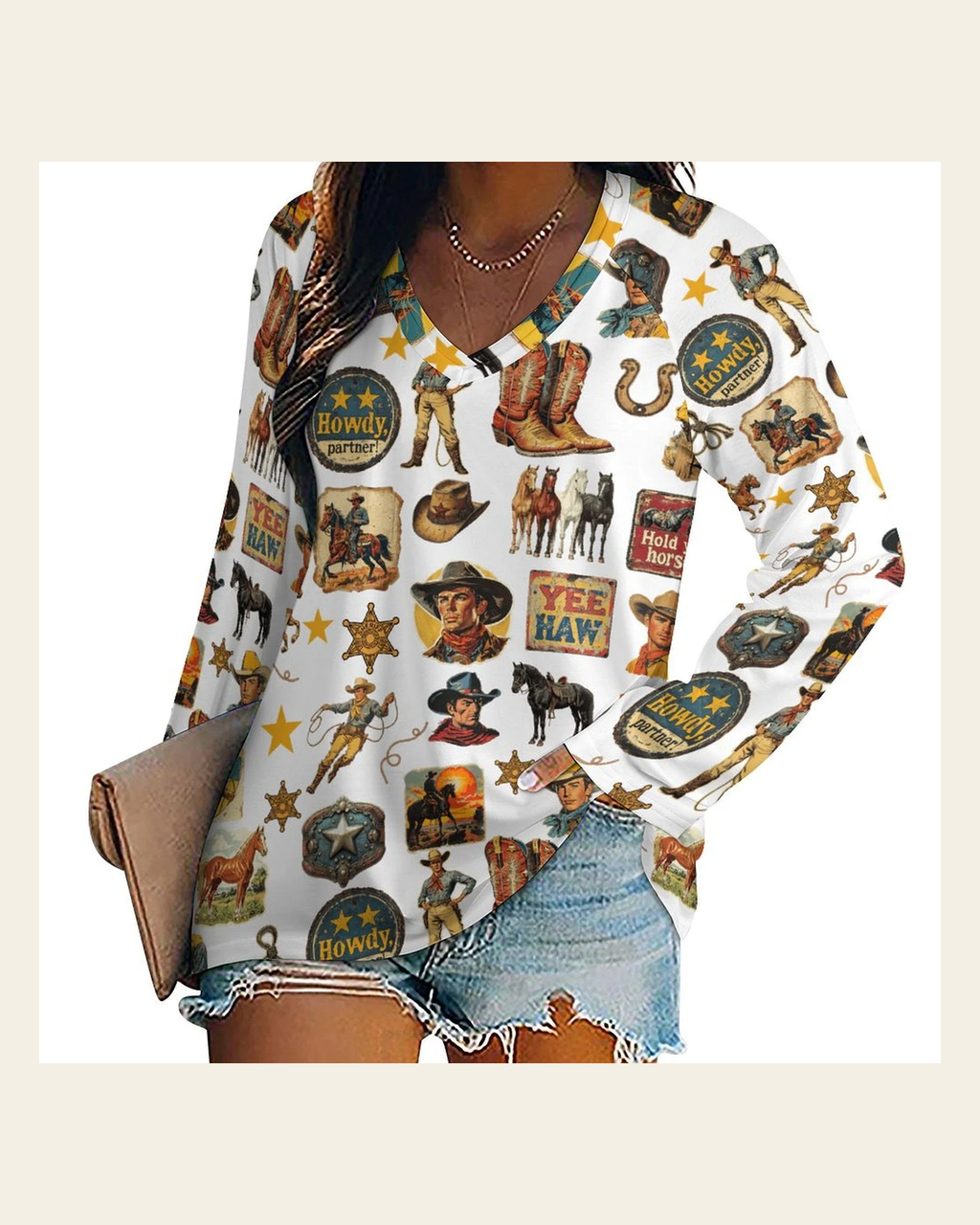 Baha Ranch Long Sleeve Vintage Cowboy Collage Top on a warm cream background