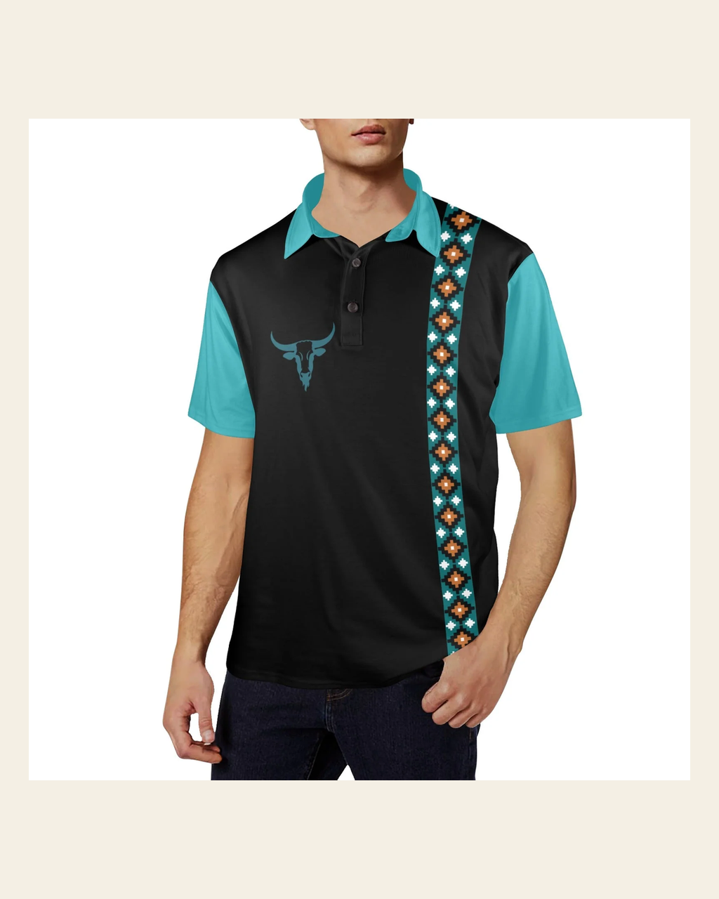 Baha Ranch Longhorn Aztec Cowboy Polo Shirt on a warm cream background