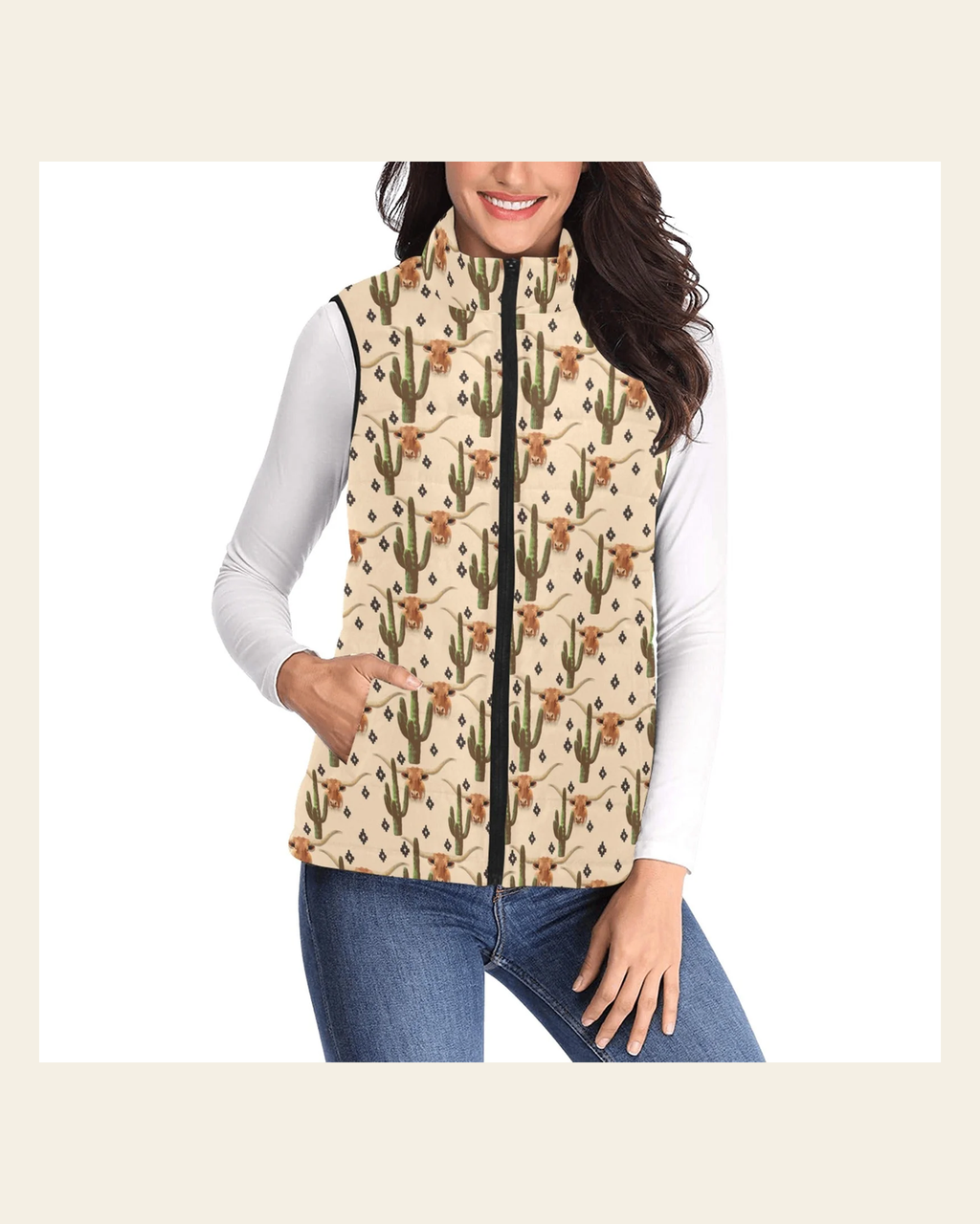 Baha Ranch Longhorn Cactus Women's Western Puffy Vest on a warm cream background
