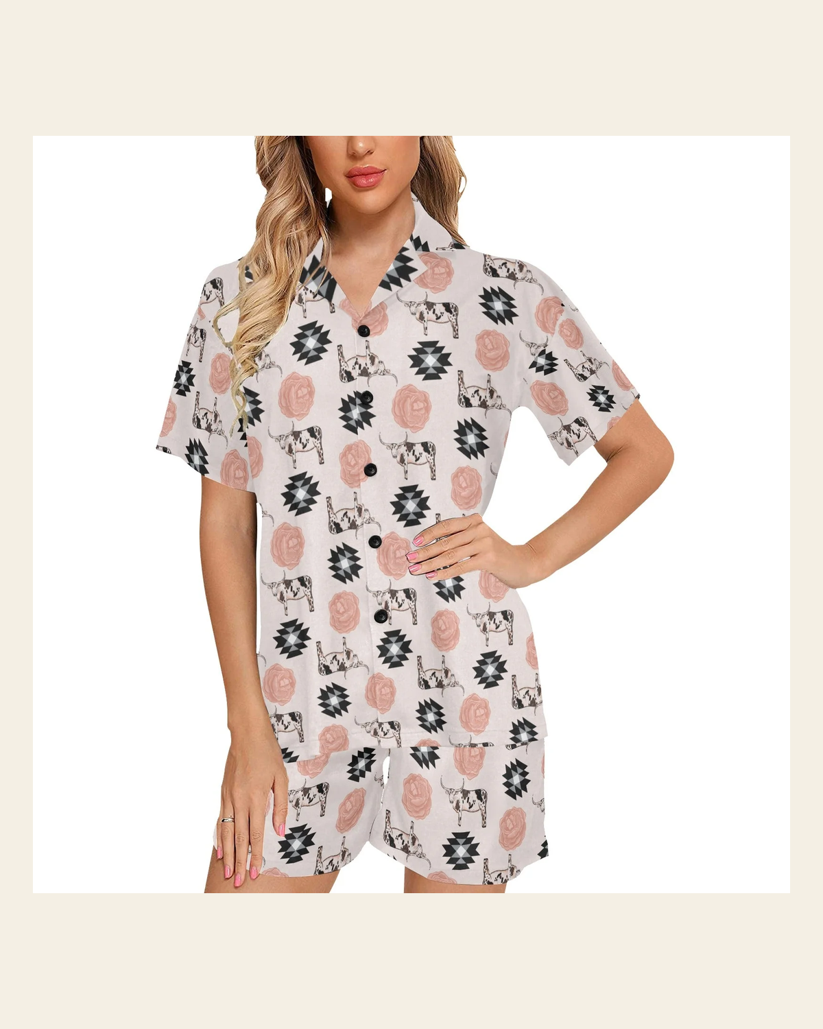 Baha Ranch Longhorn Floral Women's Western Pajama Set on a warm cream background