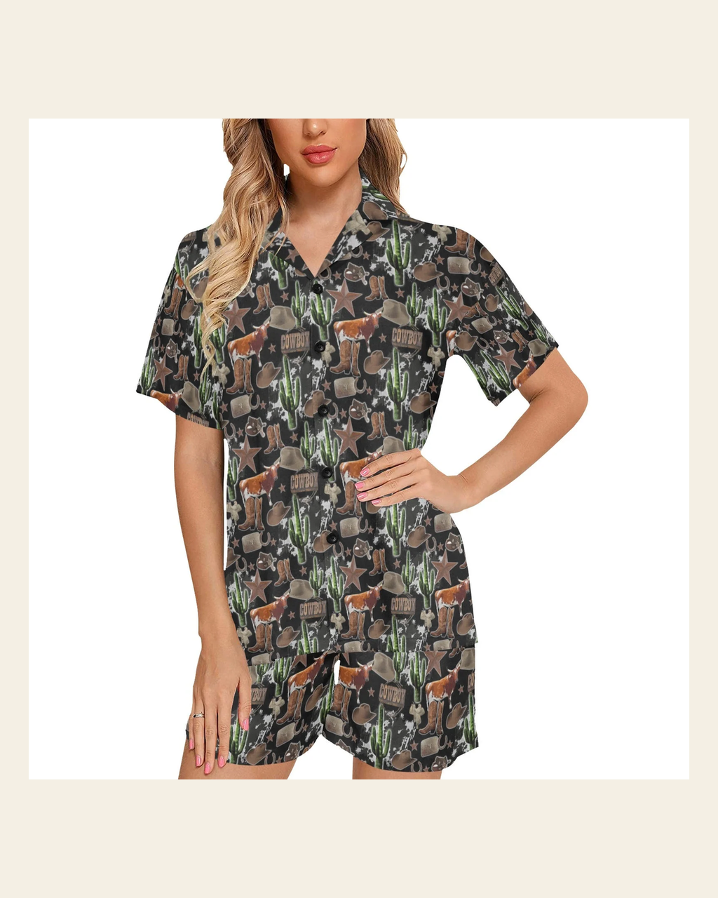 Baha Ranch Longhorn Ranch Women's Western Pajama Set on a warm cream background