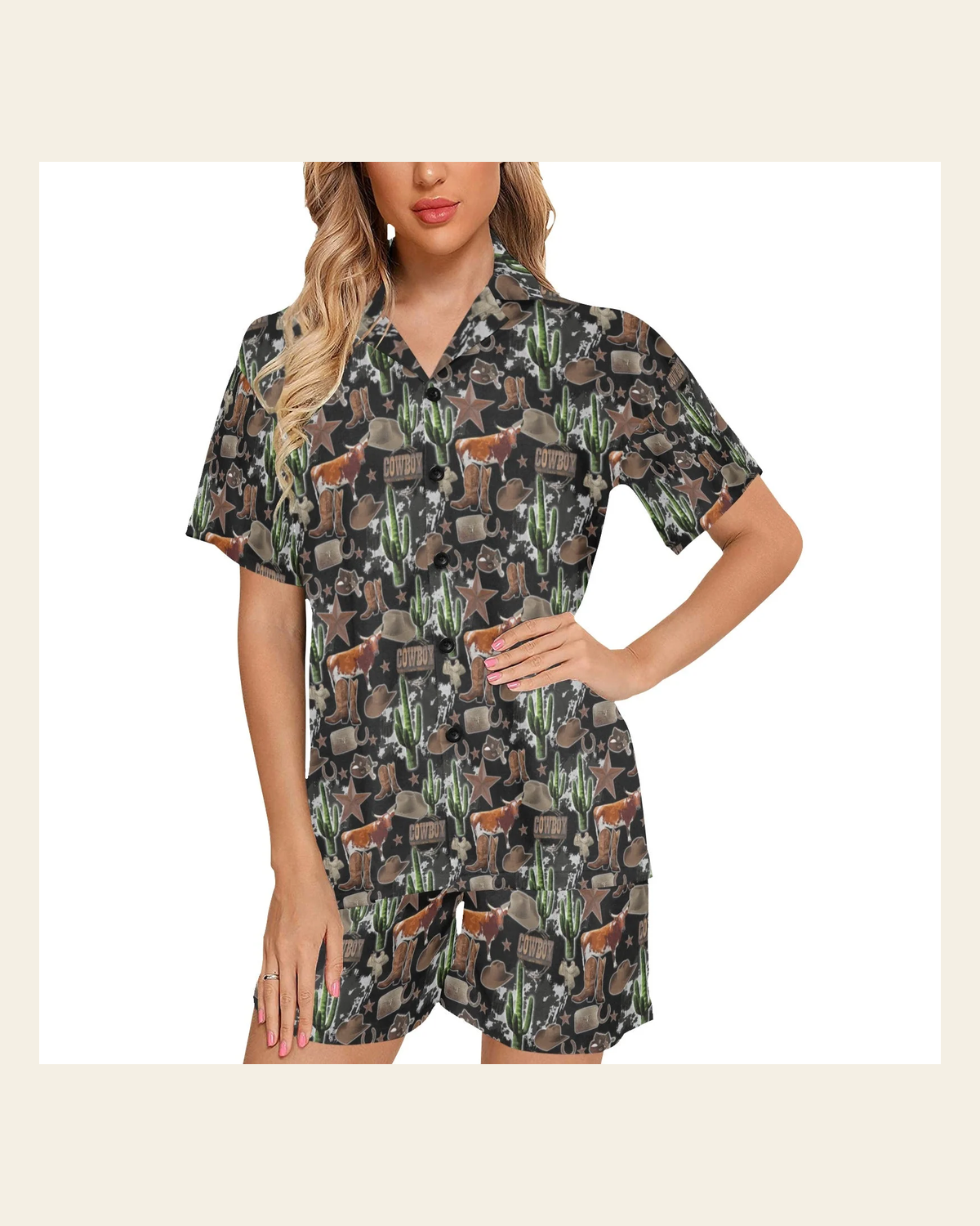 Baha Ranch Longhorn Ranch Women's Western Pajama Set on a warm cream background
