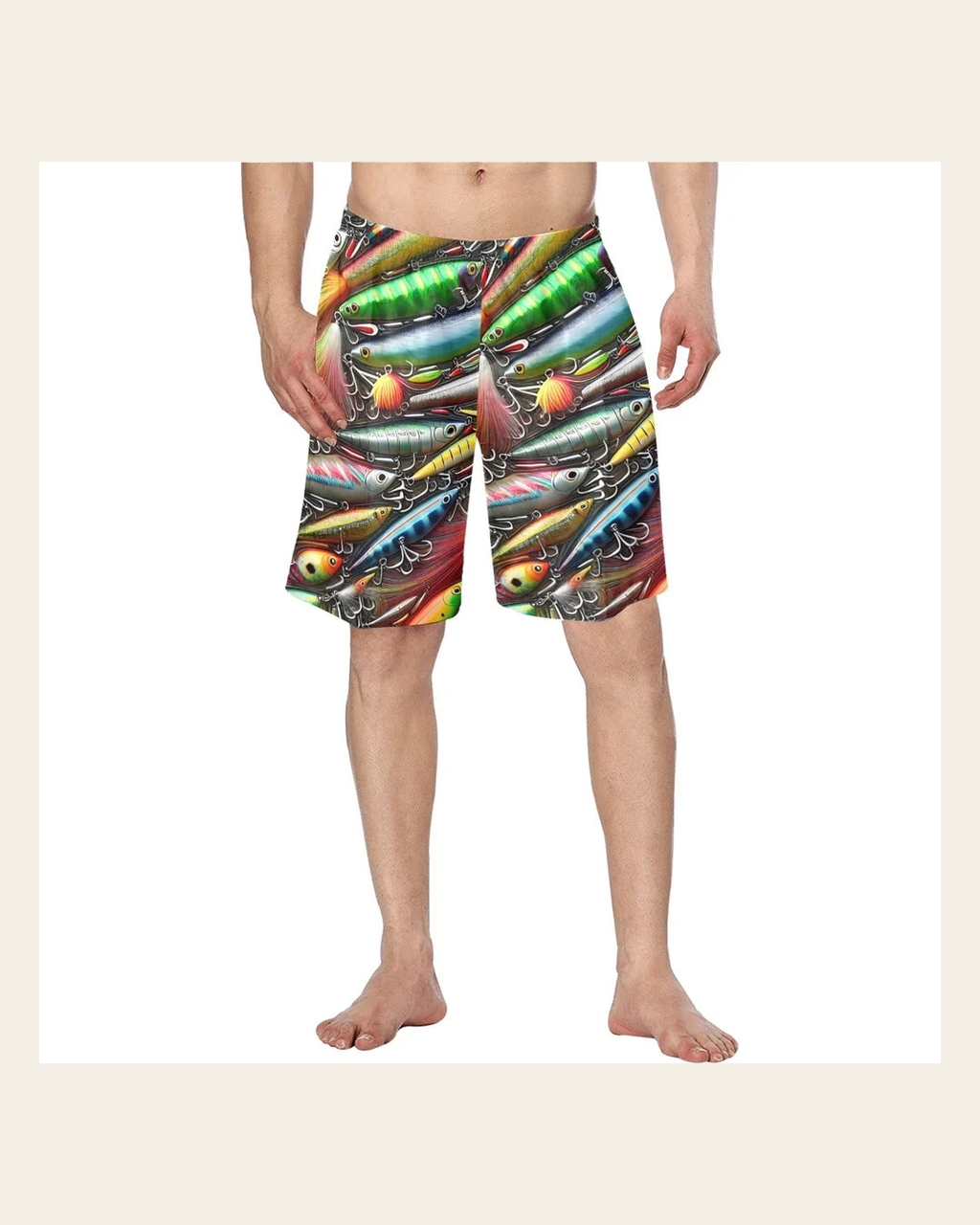 Baha Ranch Men's Fishing Lures Beach Swim Shorts on a warm cream background