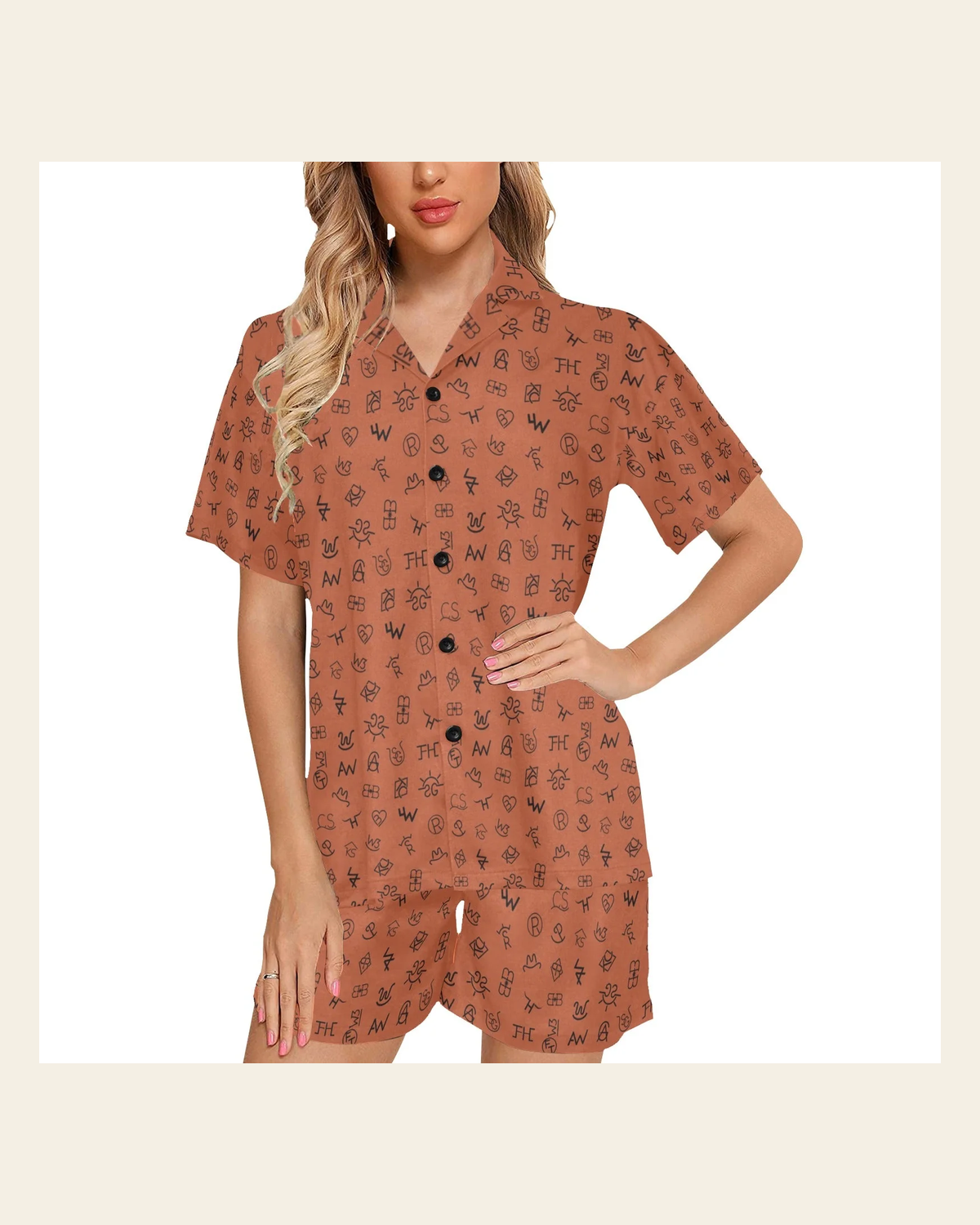 Baha Ranch Mini Rust Cattle Brands Women's Western Pajama Set on a warm cream background