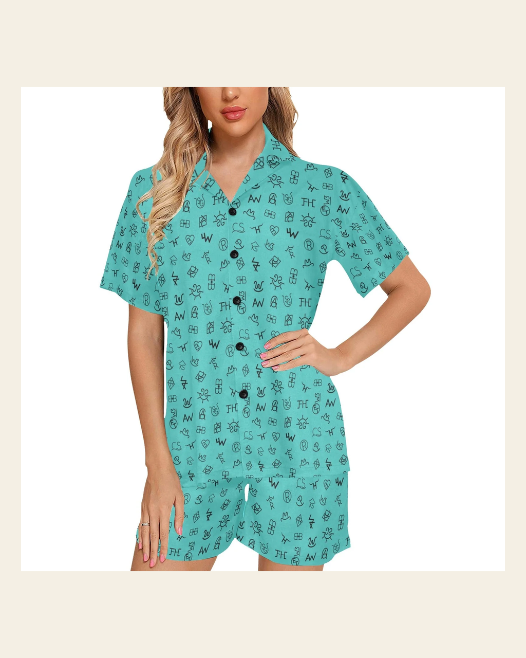 Baha Ranch Mini Turquoise Cattle Brands Women's Western Pajama Set on a warm cream background