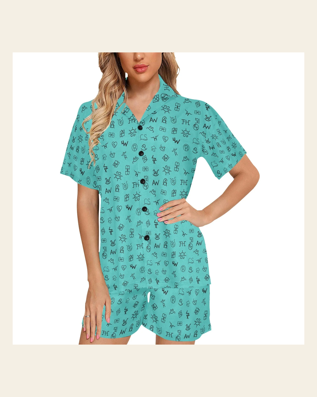 Baha Ranch Mini Turquoise Cattle Brands Women's Western Pajama Set on a warm cream background