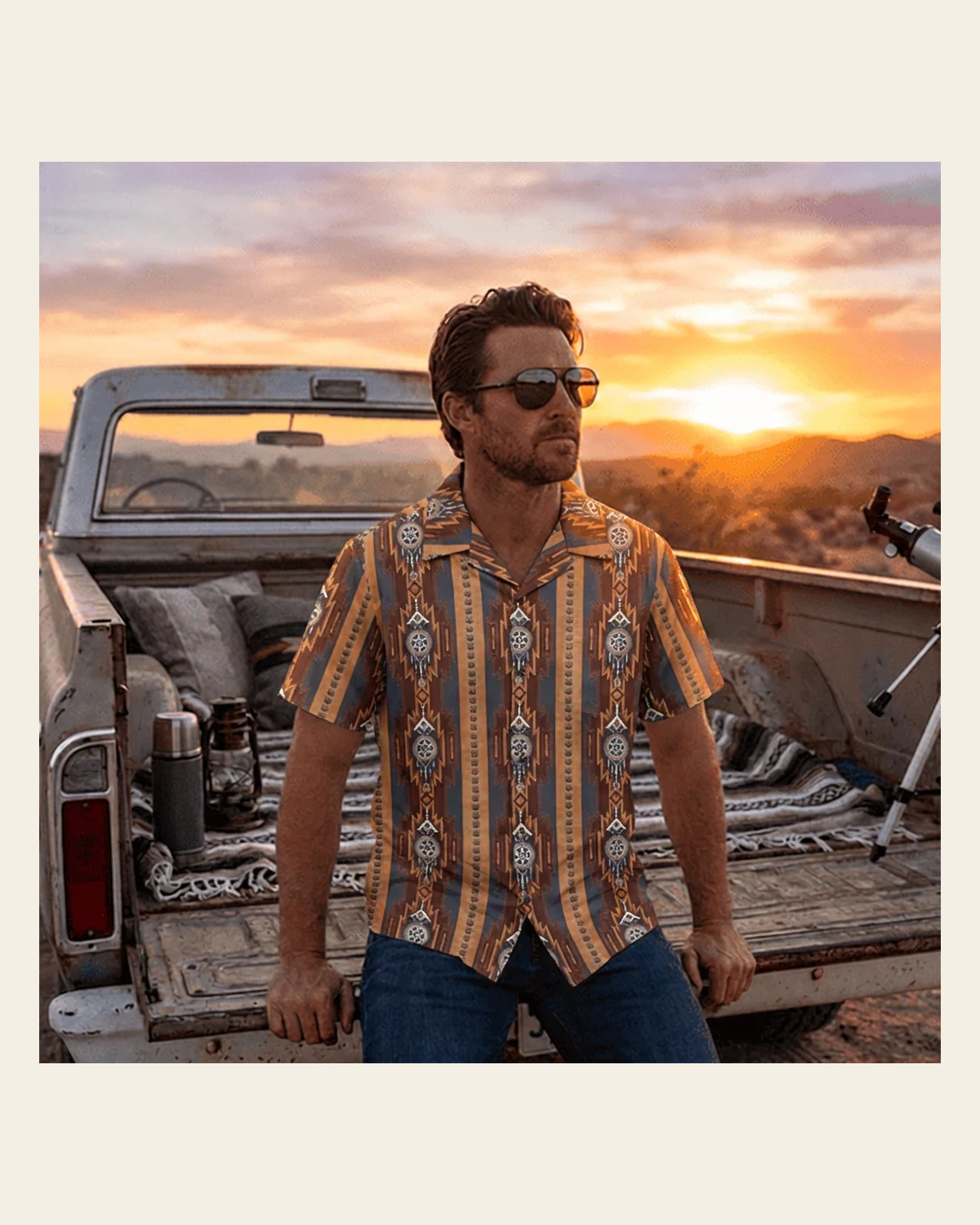 Baha Ranch Mocha Aztec Hawaiian Shirt Made in America on a warm cream background