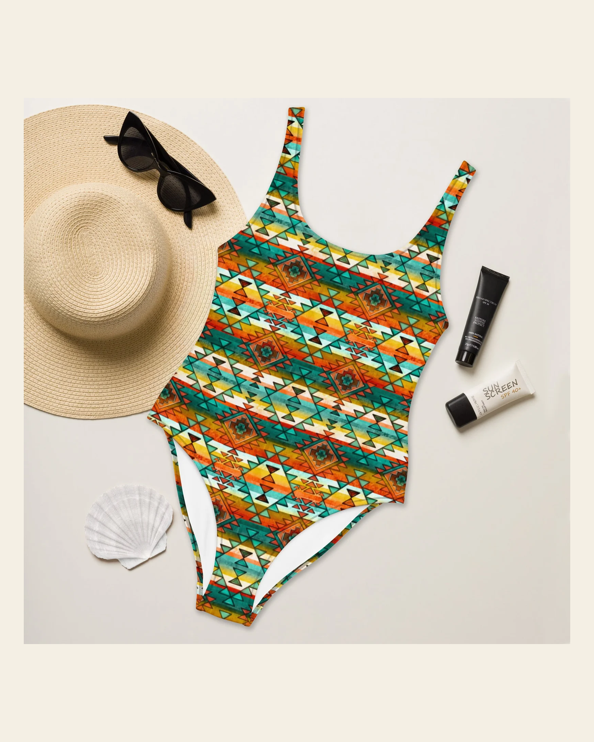 Baha Ranch Mustard Aztec One-Piece Swimsuit on a warm cream background