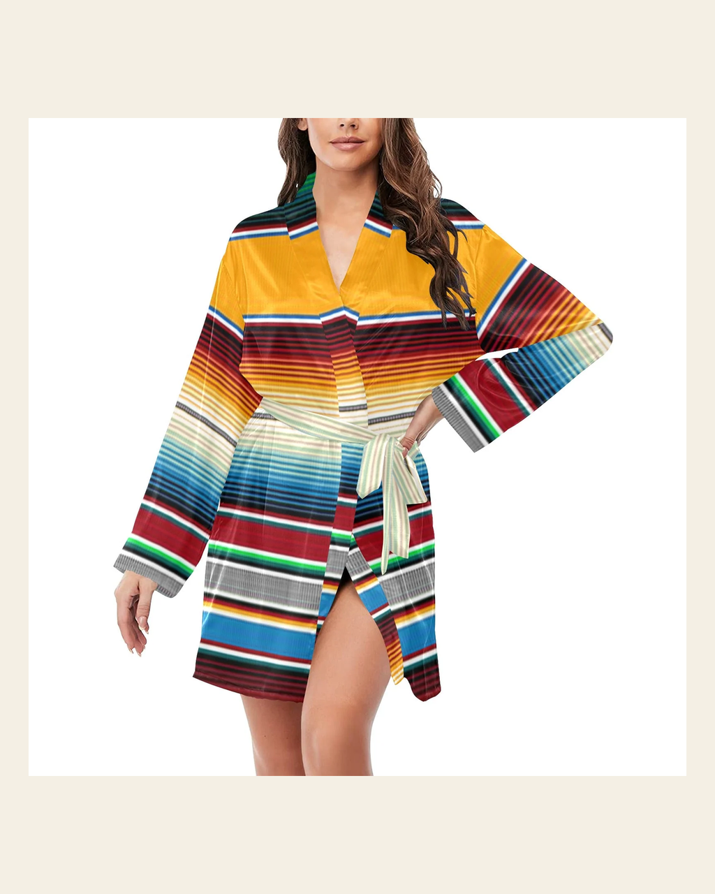 Baha Ranch Mustard Serape Women's Belted Satin Feel Dressing Lounge Robe on a warm cream background