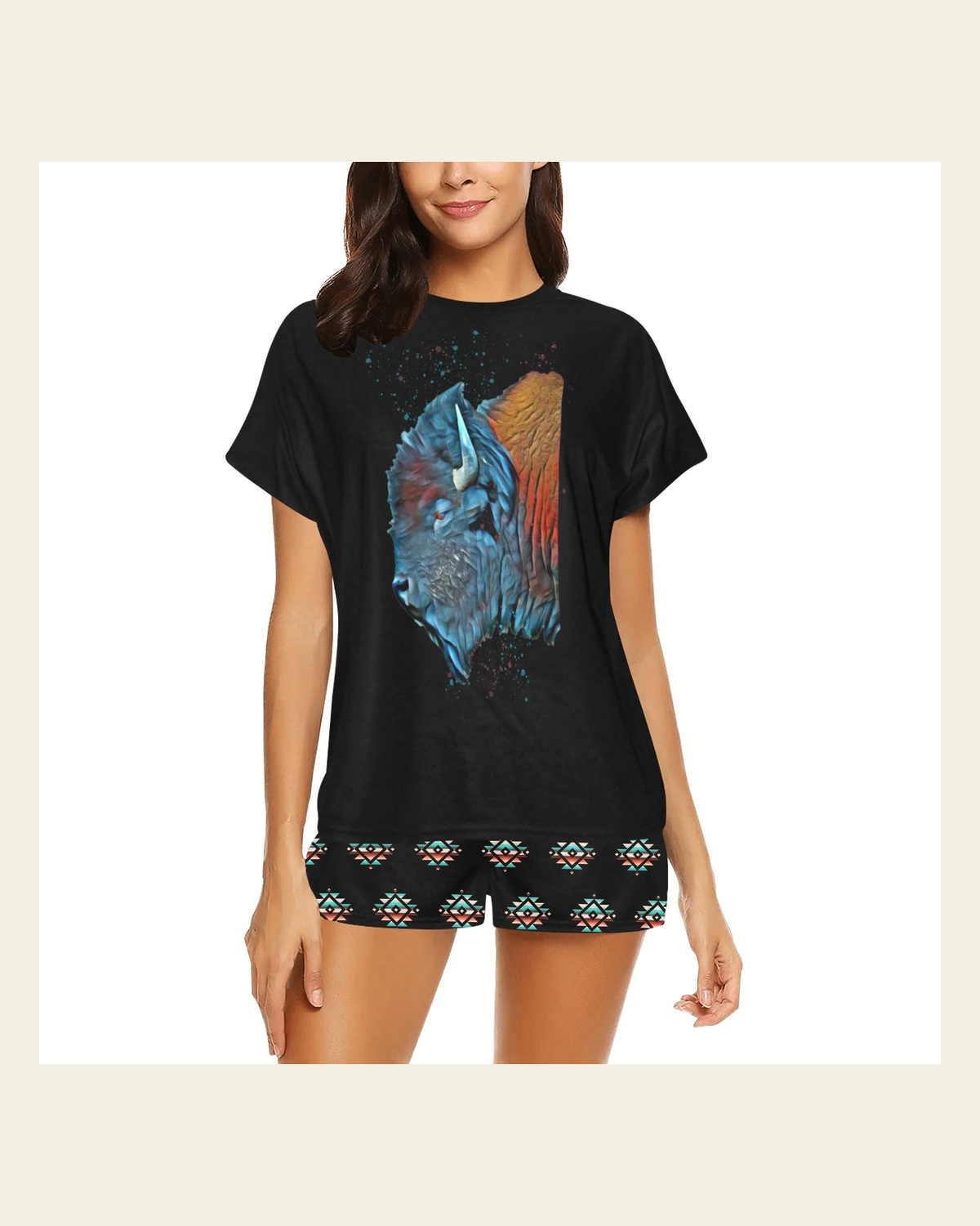 Baha Ranch Native Buffalo Women's Western Top and Short Pajama Set on a warm cream background