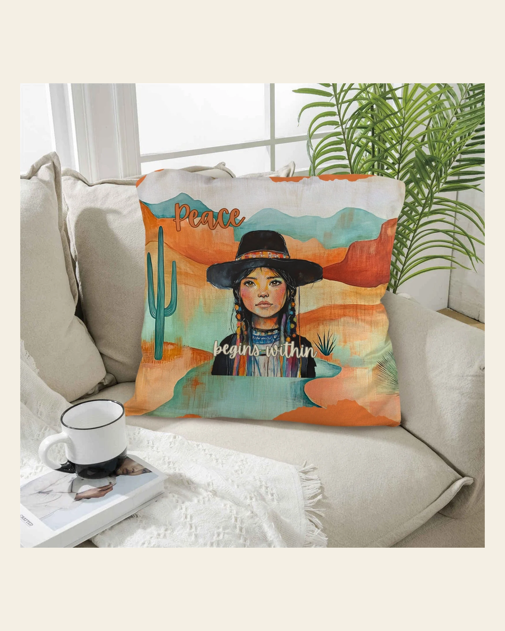 Baha Ranch Native Peace Begins Within Throw Pillow Case Made in America on a warm cream background