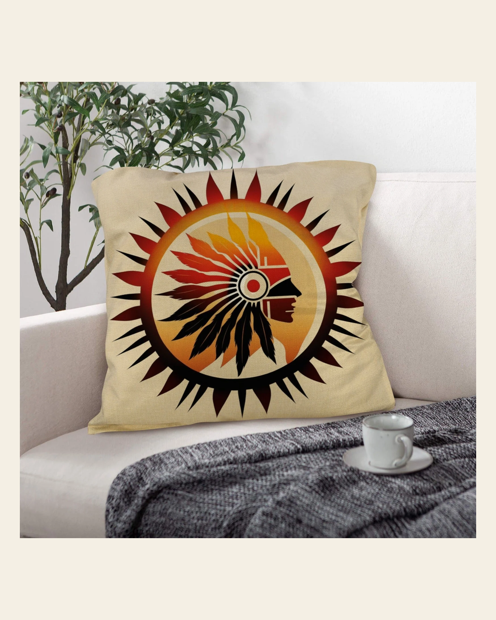 Baha Ranch Native Sun Throw Pillow Case Made in America on a warm cream background