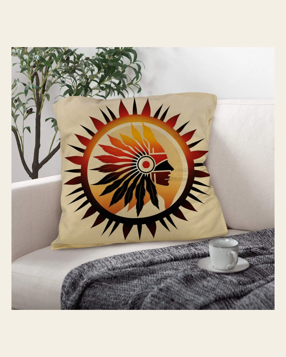 Baha Ranch Native Sun Throw Pillow Case Made in America on a warm cream background