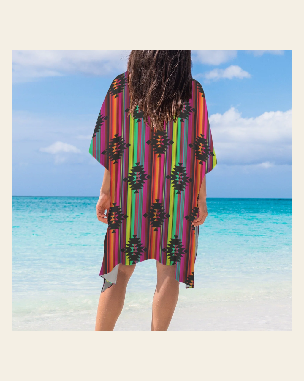 Baha Ranch Neon Aztec Duster Kimono Coverup Women's Long Cover Up on a warm cream background