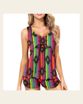 Baha Ranch Neon Aztec Tankini & Boy Shorts Swim Set on a warm cream background